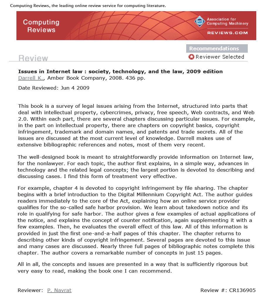 Law Library Journal Review of Issues in Internet Law